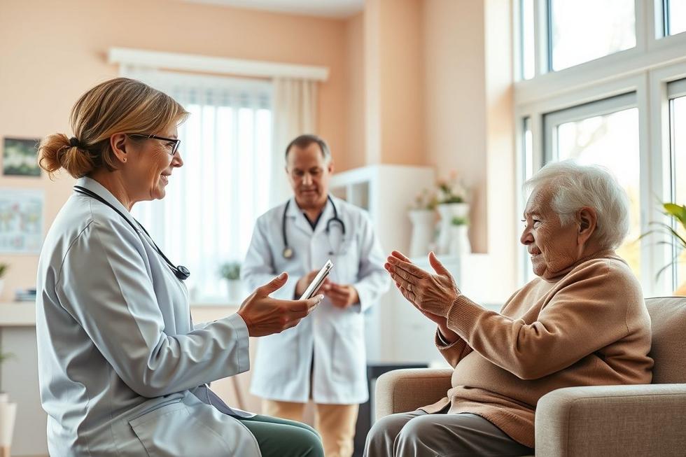 Profissional médico orientando paciente idoso e seus familiares sobre tratamento cardíaco com Milrinona.