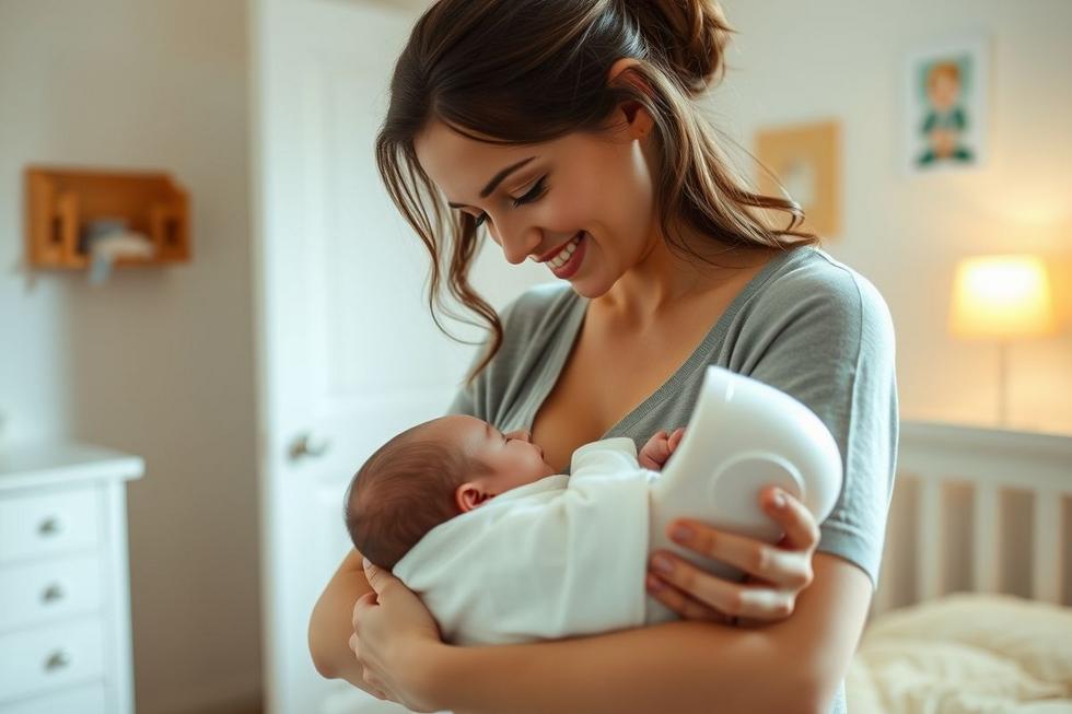 Mãe e bebê no momento de amamentação com sorriso acolhedor, segurando uma concha de amamentação.