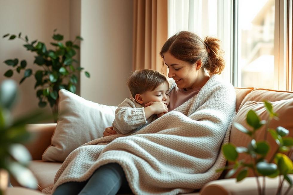 Imagem realista de mãe acolhendo a criança com tosse em ambiente iluminado e tranquilo.