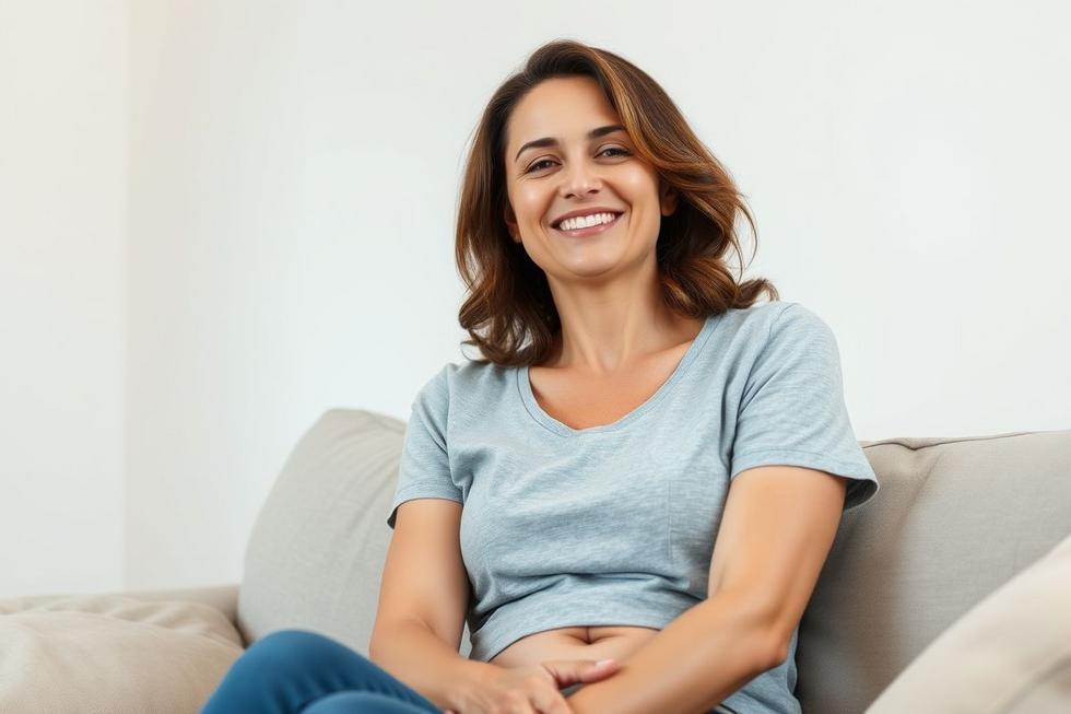 Mulher sorridente olhando para frente, sentimento de alívio e saúde.