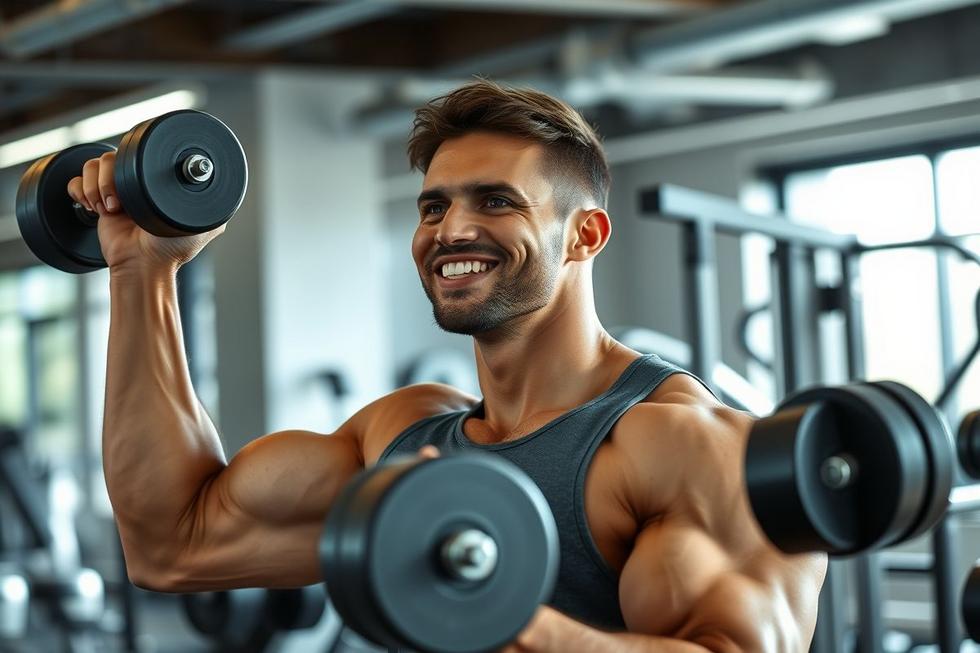 Adulto iniciando musculação com determinação e energia positiva na academia.