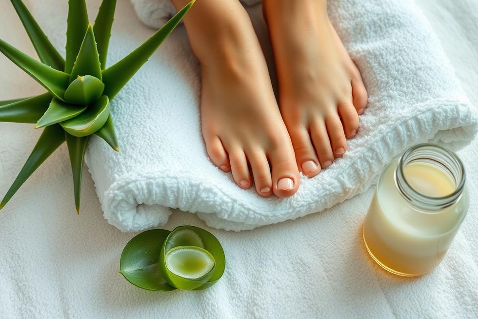 Pés bem cuidados e hidratados ao lado de aloe vera e óleo de coco para tratamento natural.