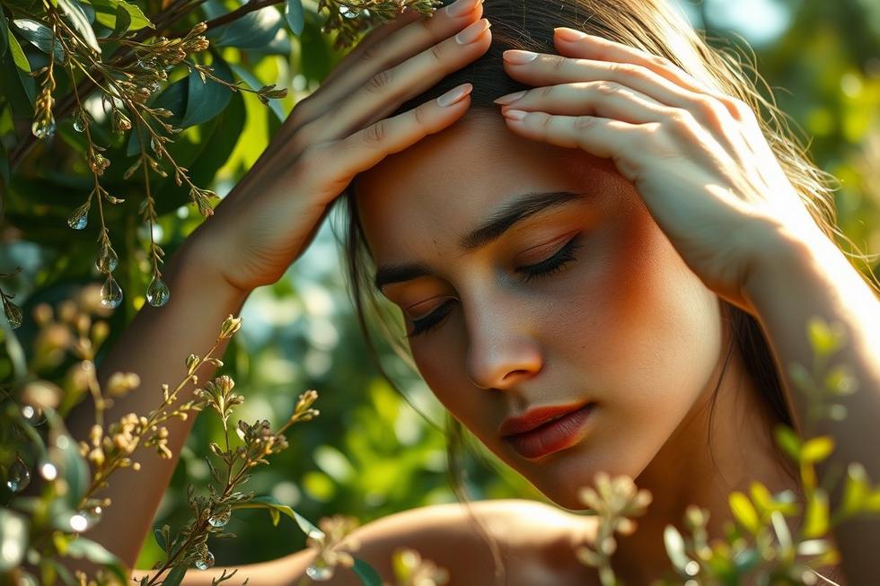 Pessoa com expressão serena tocando a cabeça, rodeada por elementos naturais.