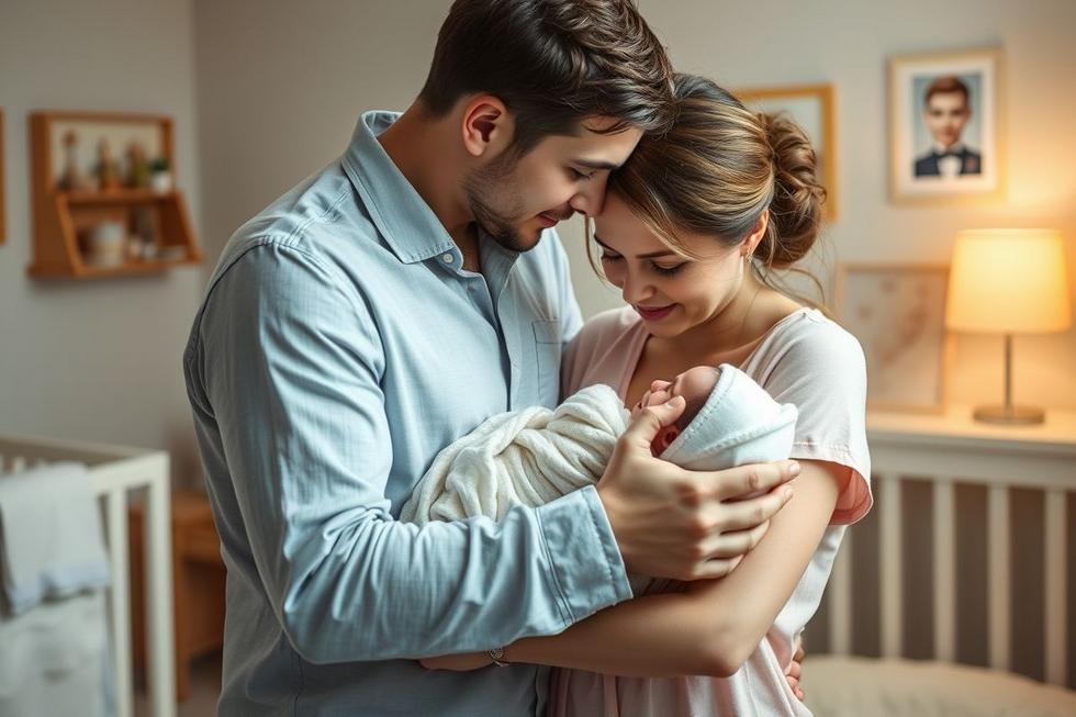 Pais abraçando e beijando delicadamente o bebê recém-nascido em ambiente acolhedor.