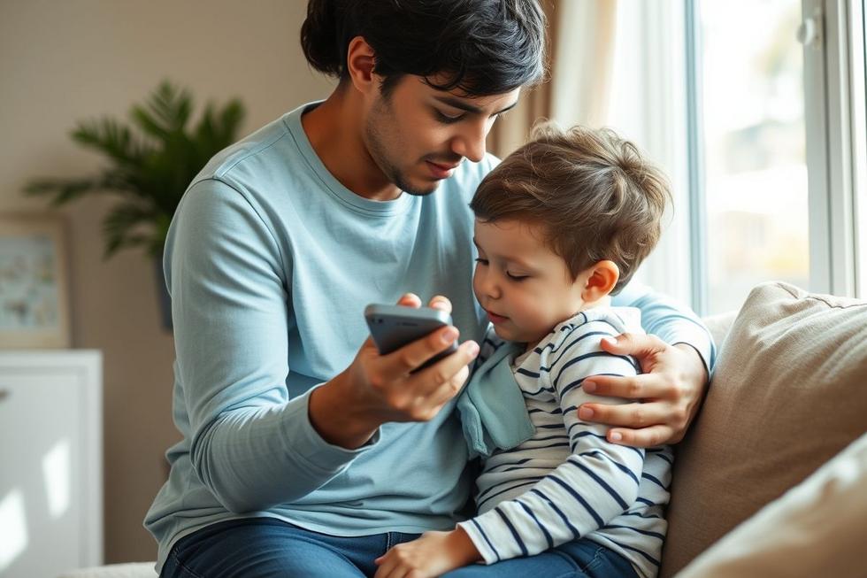 Pai segurando criança com confiança e pronto para ligar para serviço de emergência, transmitindo segurança e preparação.