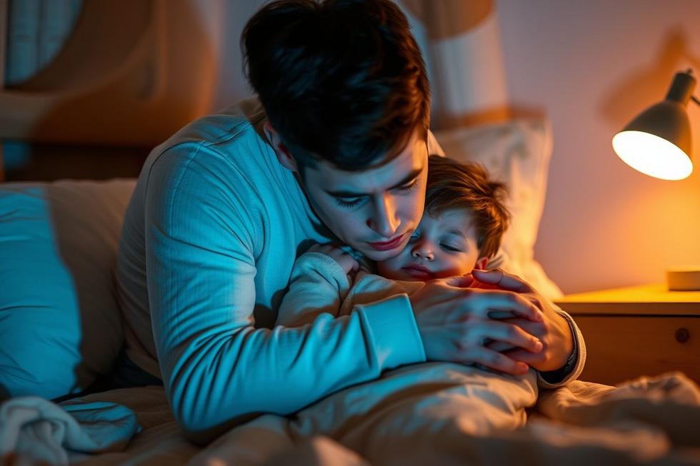 Pai consolando criança com febre noturna em quarto iluminado suavemente, transmitindo cuidado.