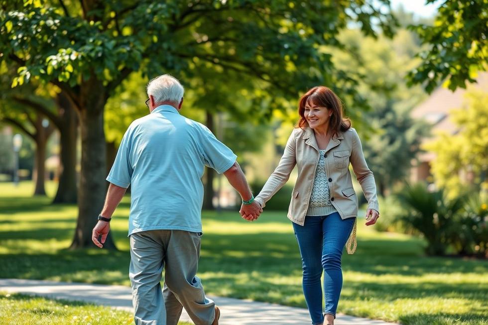 Paciente com Parkinson segurando a mão de familiares enquanto caminham em um parque ensolarado, representando solidariedade e esperança.