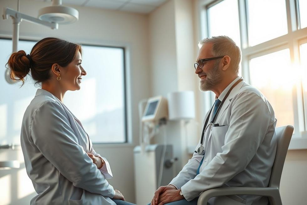 Imagem realista de paciente e médico conversando em consultório sobre tuberculose.