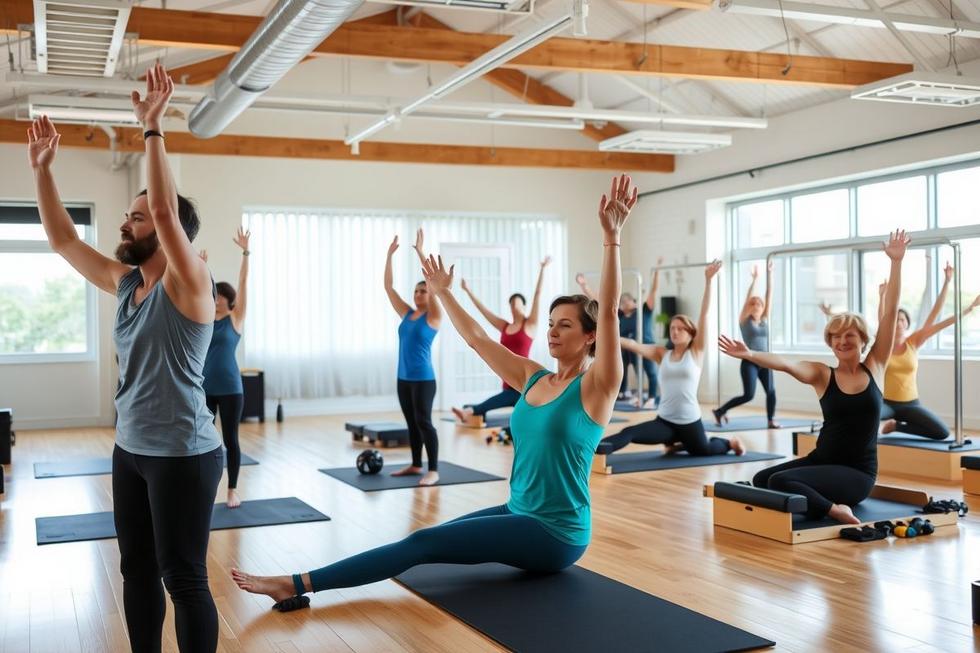 Adultos diversos praticando Pilates em estúdio iluminado, demonstrando foco e bem-estar.
