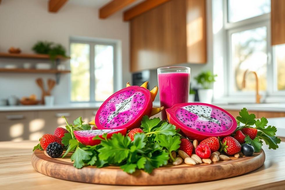 Imagem de uma mesa com pitaya cortada, smoothie e ingredientes saudáveis em ambiente claro e moderno.