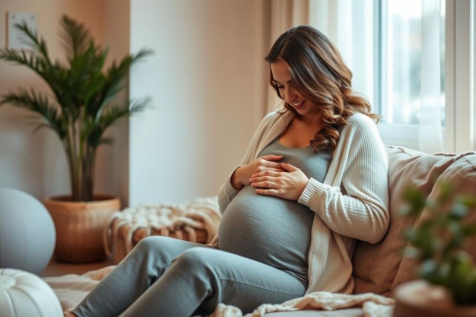 Mulher grávida sentada com expressão tranquila, tocando a barriga em ato de compreensão e preparação para o parto.