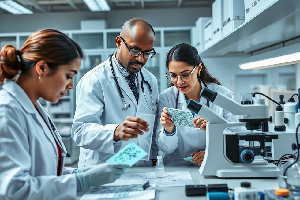 Equipe diversificada de profissionais de saúde analisando amostras de protozoários em laboratório equipado.
