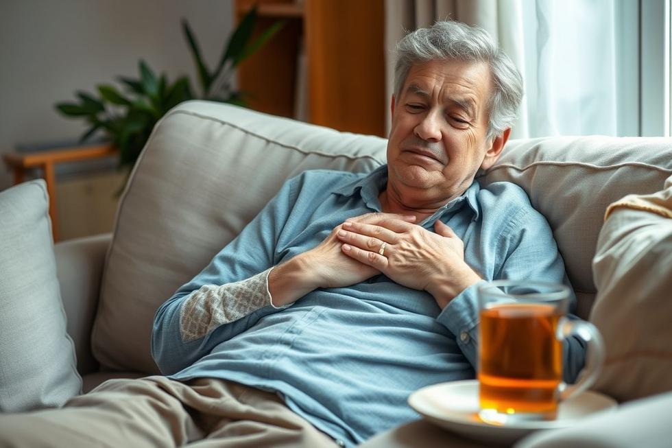 Homem adulto relaxado sentado no sofá com expressão de alívio, representando conforto após azia.