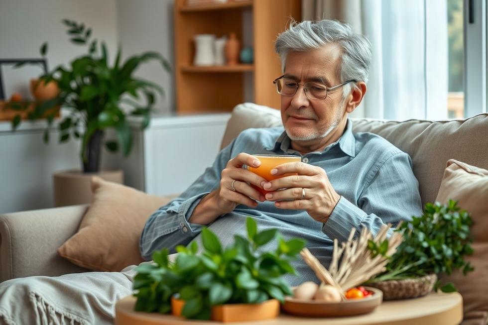 Pessoa relaxando com um chá natural, ilustrando alívio natural da azia.