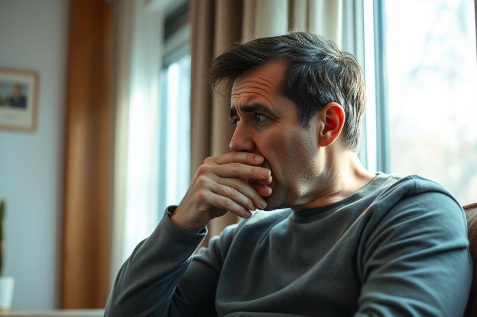 Pessoa com tosse e dificuldade para respirar em ambiente interno, ilustrando sintomas respiratórios.