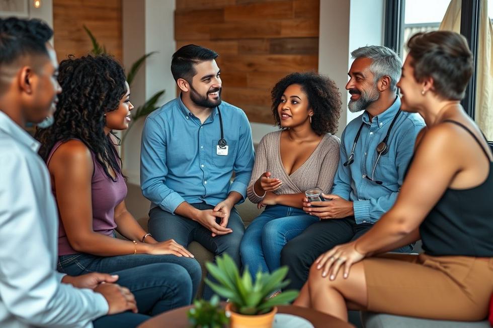 Grupo diverso de adultos e profissionais de saúde conversando sobre saúde sexual em ambiente acolhedor.