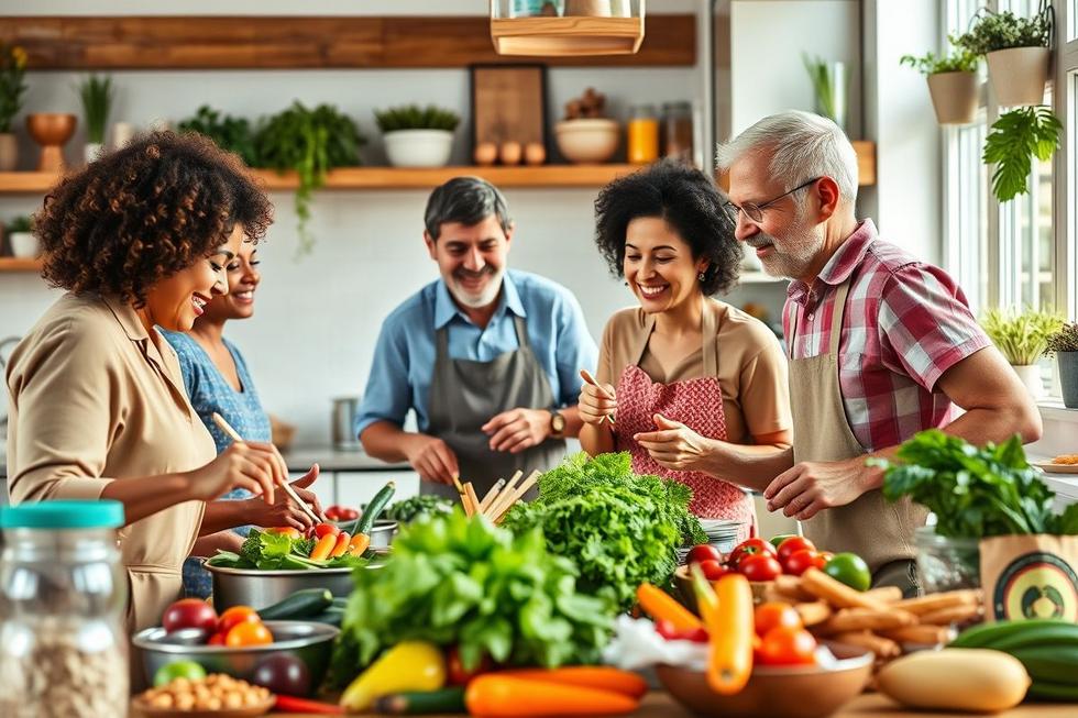 Grupo diverso de pessoas cozinhando alimentos saudáveis e sustentáveis em cozinha iluminada.