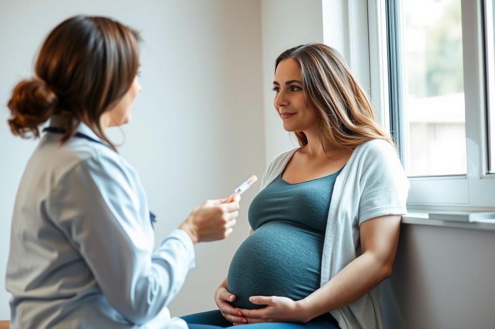 Mulher grávida conversando com profissional de saúde sobre glicose alta e tratamento.