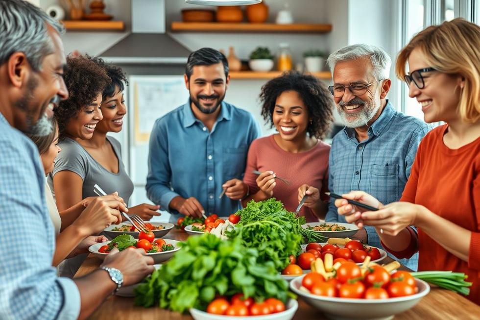 Grupo de adultos em uma cozinha iluminada desfrutando de uma refeição saudável com tomates.