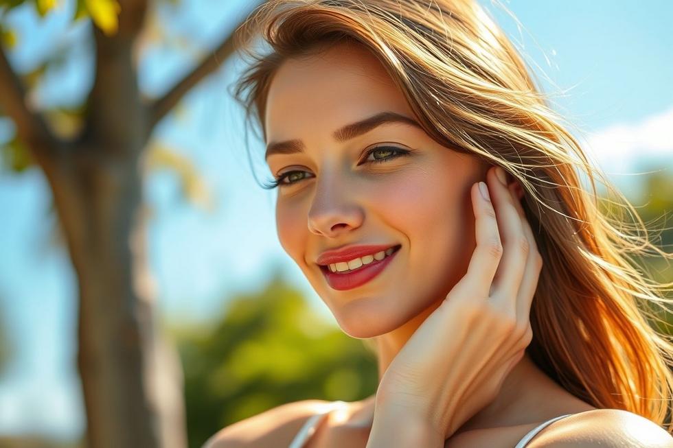 Mulher jovem sorrindo e tocando o rosto com pele clara e saudável sob luz natural.