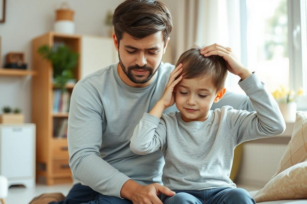 Adulto e criança com mãos nas têmporas demonstrando o manejo da dor de cabeça em ambiente acolhedor.