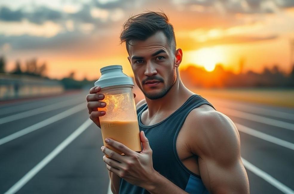 Atleta focado segurando suplemento energético próximo à pista de corrida.