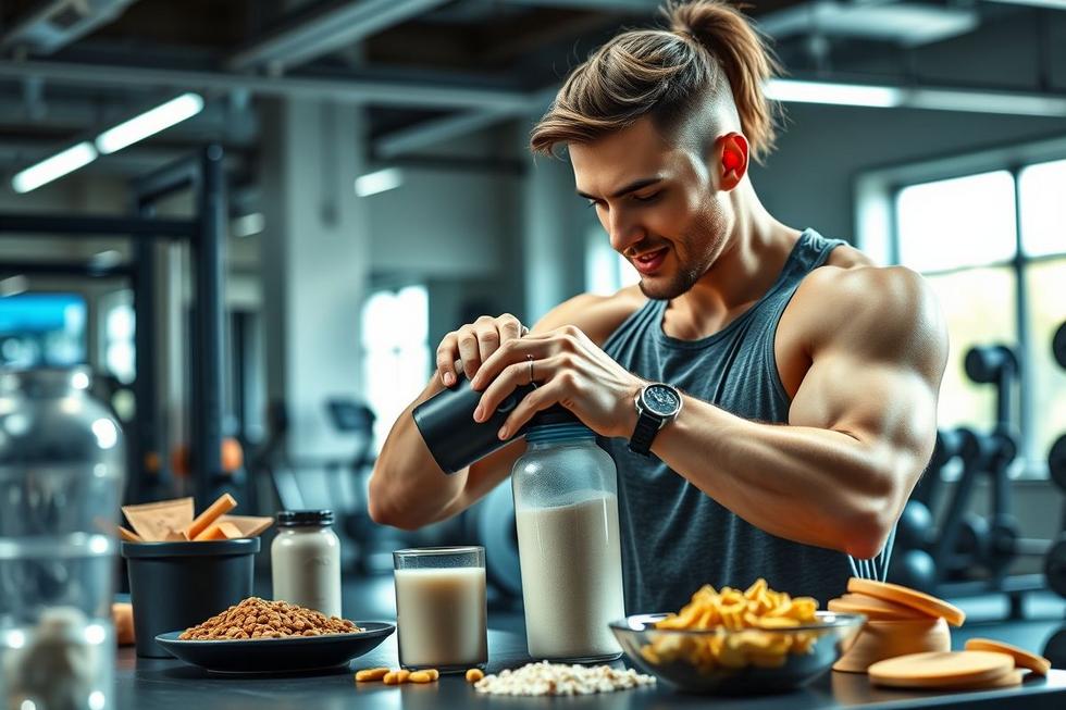 Pessoa misturando maltodextrina em shake para energia e recuperação durante treino