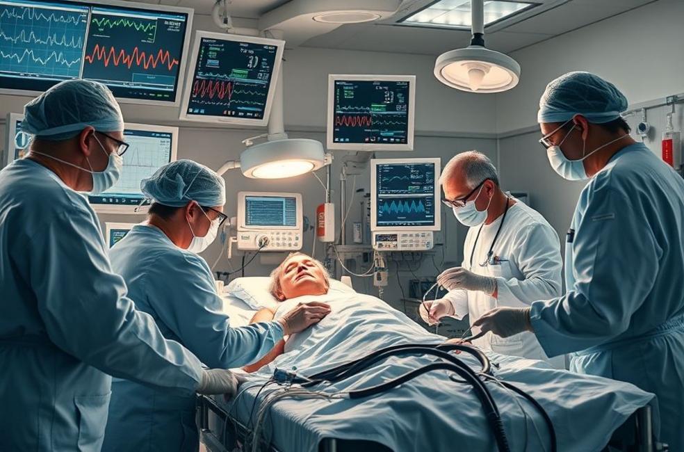 Equipe multidisciplinar em ação durante tratamento emergencial do choque cardiogênico.