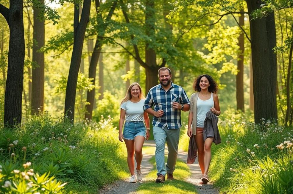 Família saudável e protegida durante passeio ao ar livre em área de risco para Doença de Lyme.