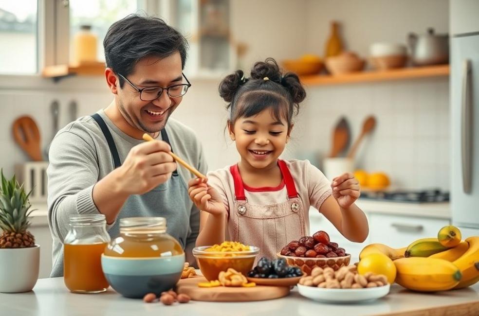 Pais e filhos preparando juntos lanches saudáveis com substitutos naturais do açúcar.