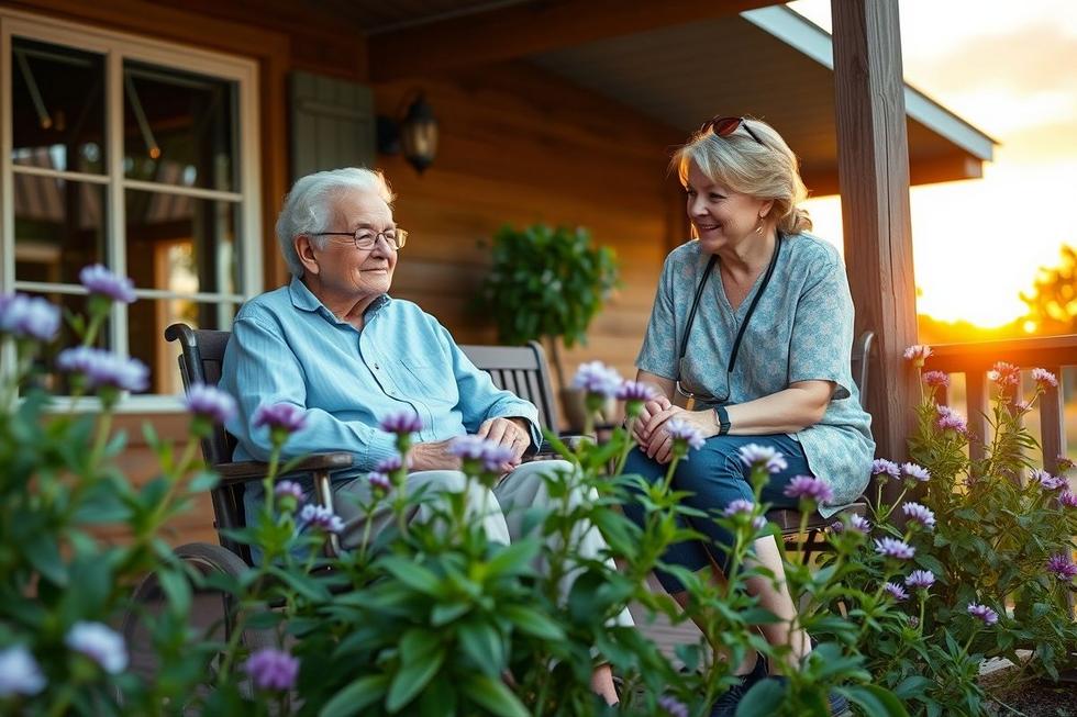 Idoso e cuidador em ambiente natural cercado por plantas de valeriana ao pôr do sol, representando tratamentos naturais.