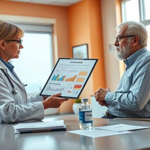 Consulta médica explicando o tratamento com Aclasta para osteoporose.