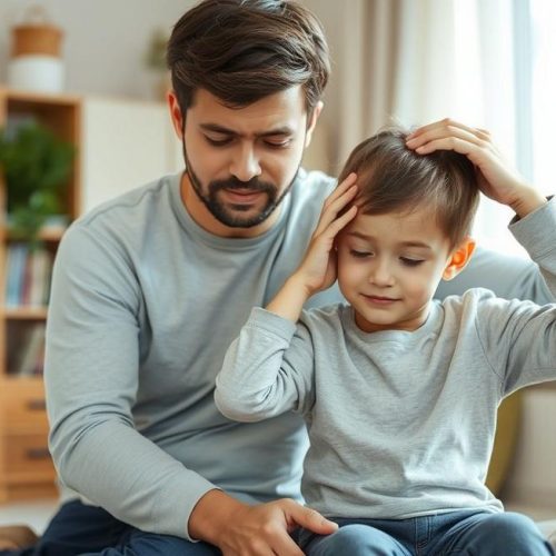 Adulto e criança juntos, refletindo compreensão sobre dores de cabeça e seus cuidados.