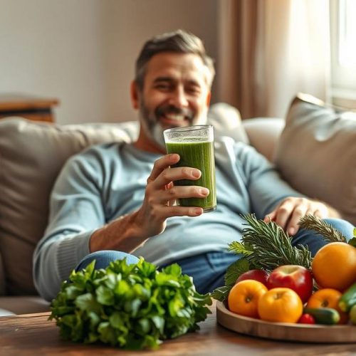Adulto desfrutando os benefícios de sucos naturais laxantes para o intestino preso.