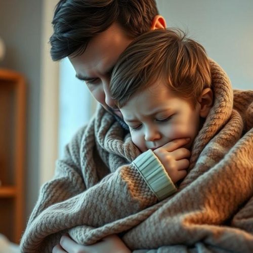 Adulto e criança em um momento de cuidado durante episódios de tosse com catarro.