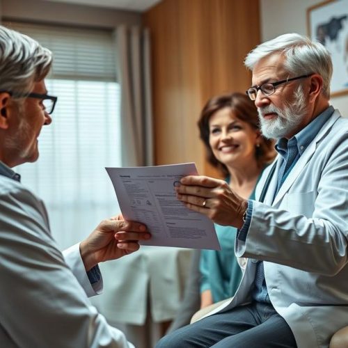 Adultos a partir de 45 anos discutindo resultados de colonoscopia com médico