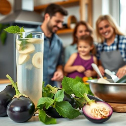 Família feliz preparando e consumindo água de berinjela, símbolo de saúde natural e bem-estar familiar.