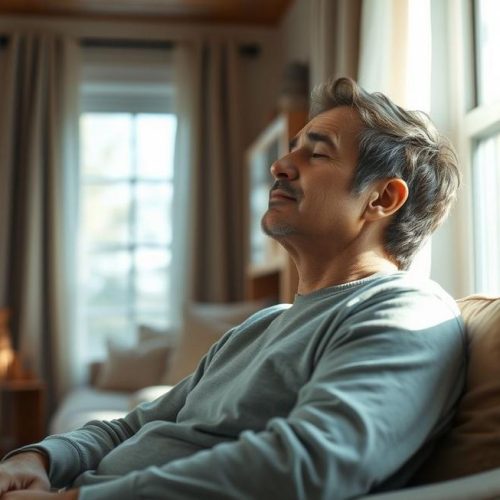 Adulto experimentando alívio da dor de cabeça após aplicar estratégias eficazes no dia a dia.