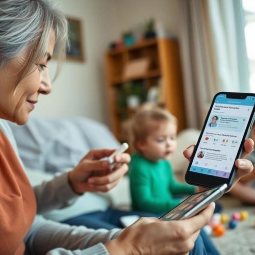 Adulto atento buscando informações sobre o Apracur enquanto cuida de crianças, simbolizando responsabilidade e cuidado.