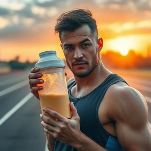 Atleta focado segurando suplemento energético próximo à pista de corrida.