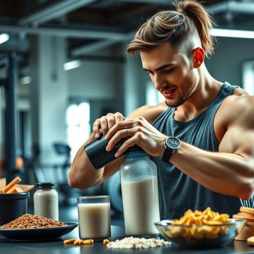 Pessoa misturando maltodextrina em shake para energia e recuperação durante treino