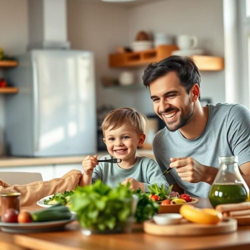 Família cuidando da saúde digestiva com alimentação saudável e bem-estar.