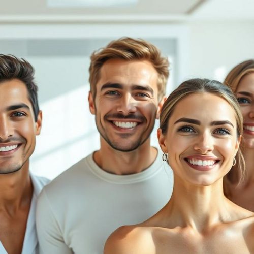 Grupo de homens e mulheres jovens e maduros com pele saudável e radiante após tratamentos com Botox.