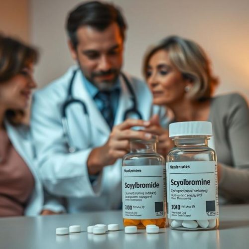 Profissional de saúde orientando paciente sobre o uso e cuidados com o butilbrometo de escopolamina.