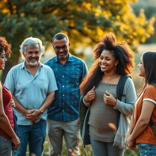 Adultos e adolescentes compartilhando momentos de calma e conexão, simbolizando superação da ansiedade.