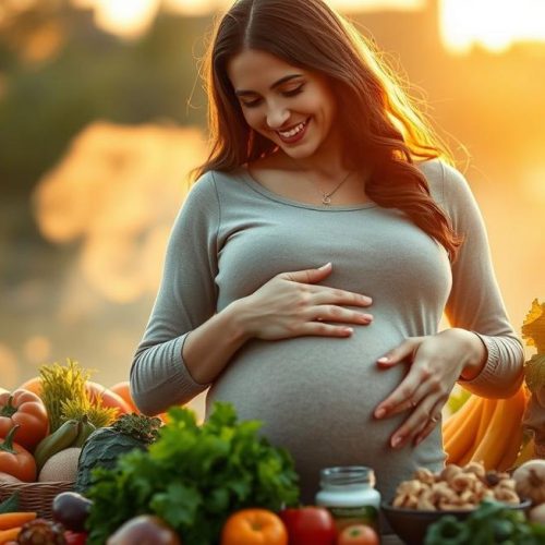 Mulher grávida sorridente segurando a barriga, rodeada por alimentos frescos e suplementos, simbolizando cuidado com a saúde e nutrição durante a gestação.