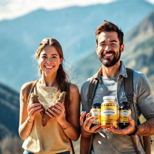 Adultos buscando saúde e bem-estar com maca peruana em um cenário natural nos Andes.