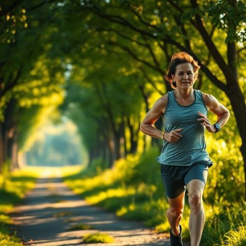 Adulto correndo em trilha cercada por árvores, irradiando saúde e energia positiva.