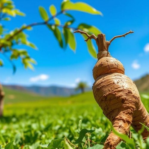 Imagem representando a maca peruana em seu ambiente natural nos Andes, símbolo de saúde e alimento ancestral.