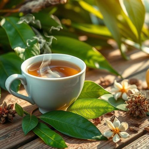 Xícara de chá de folha de manga cercada por folhas frescas em ambiente natural e acolhedor.